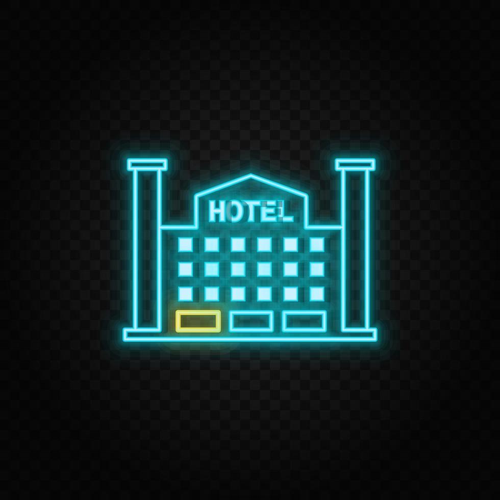 byggnad, hotell neon vektor ikon. blå och gul neon vektor ikon. vektor transparent bakgrund