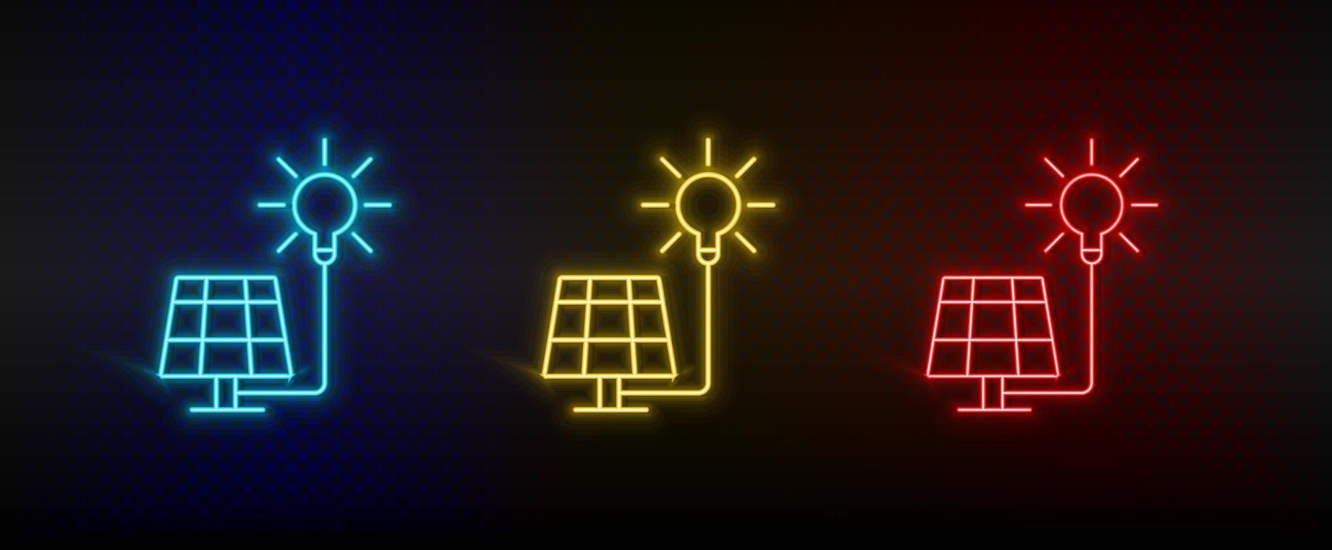 Neon- Symbol einstellen Solar, Ladegerät, Sonne. einstellen von Rot, Blau, Gelb Neon- Vektor Symbol auf Transparenz dunkel Hintergrund