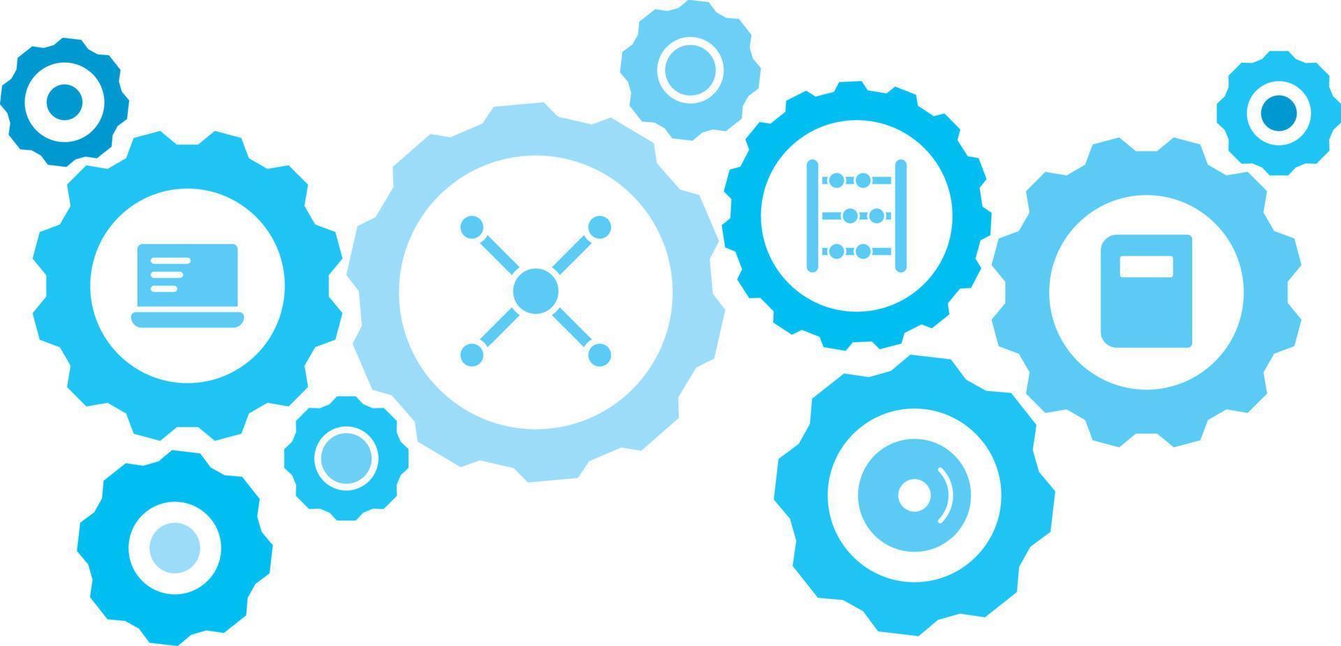 ansluten kugghjul och ikoner för logistik, service, frakt, distribution, transport, marknadsföra, kommunicera koncept, dator, anteckningsbok redskap blå ikon uppsättning. leverans mekanism begrepp. på vit bakgrund vektor
