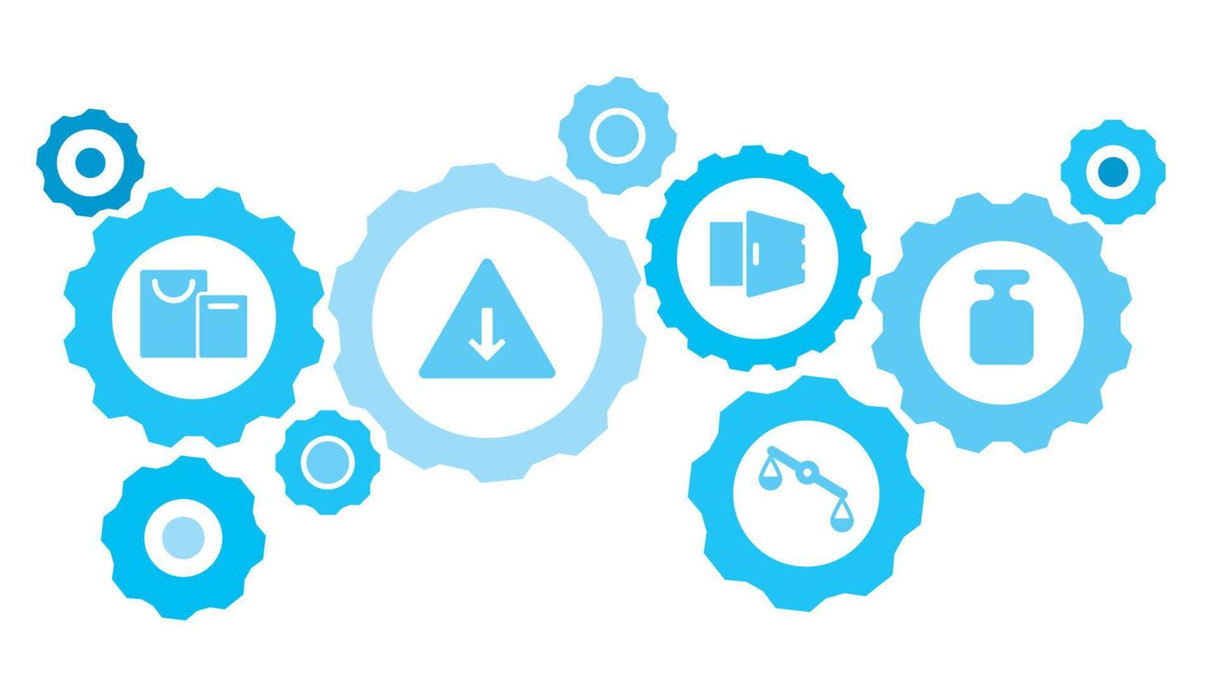 ansluten kugghjul och vektor ikoner för logistik, service, frakt, distribution, transport, marknadsföra, kommunicera begrepp. bankomat, kassaskrin redskap blå ikon uppsättning på vit bakgrund