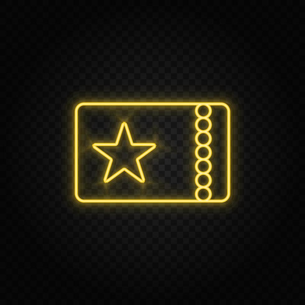 Gelb Neon- Symbol Kino, zeigen, ticket.transparent Hintergrund. Gelb Neon- Vektor Symbol auf dunkel Hintergrund