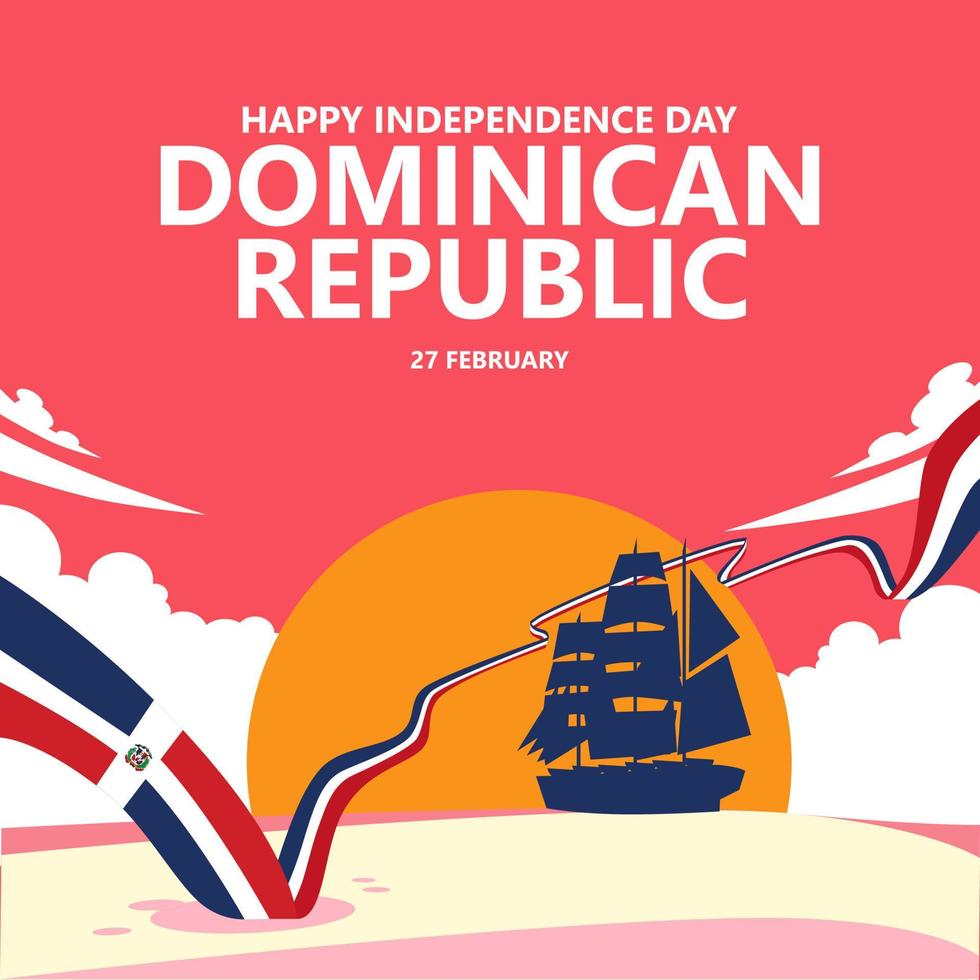 dominikanisch Republik Unabhängigkeit Tag Vektor Illustration mit ein lange National Flagge und Schiff Silhouette innerhalb kleiner Finger Dämmerung Landschaft.