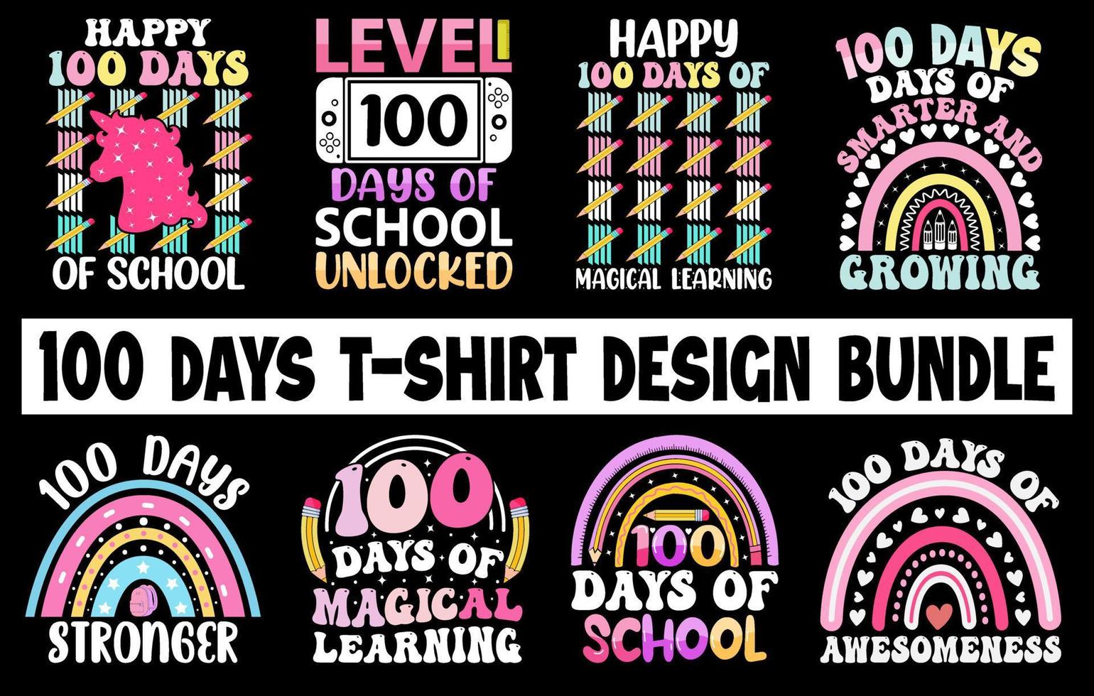 100:e dagar av skola t-shirt bunt, hundra dagar t-shirt design uppsättning, färg t-shirt samling, barn t-shirt design uppsättning vektor