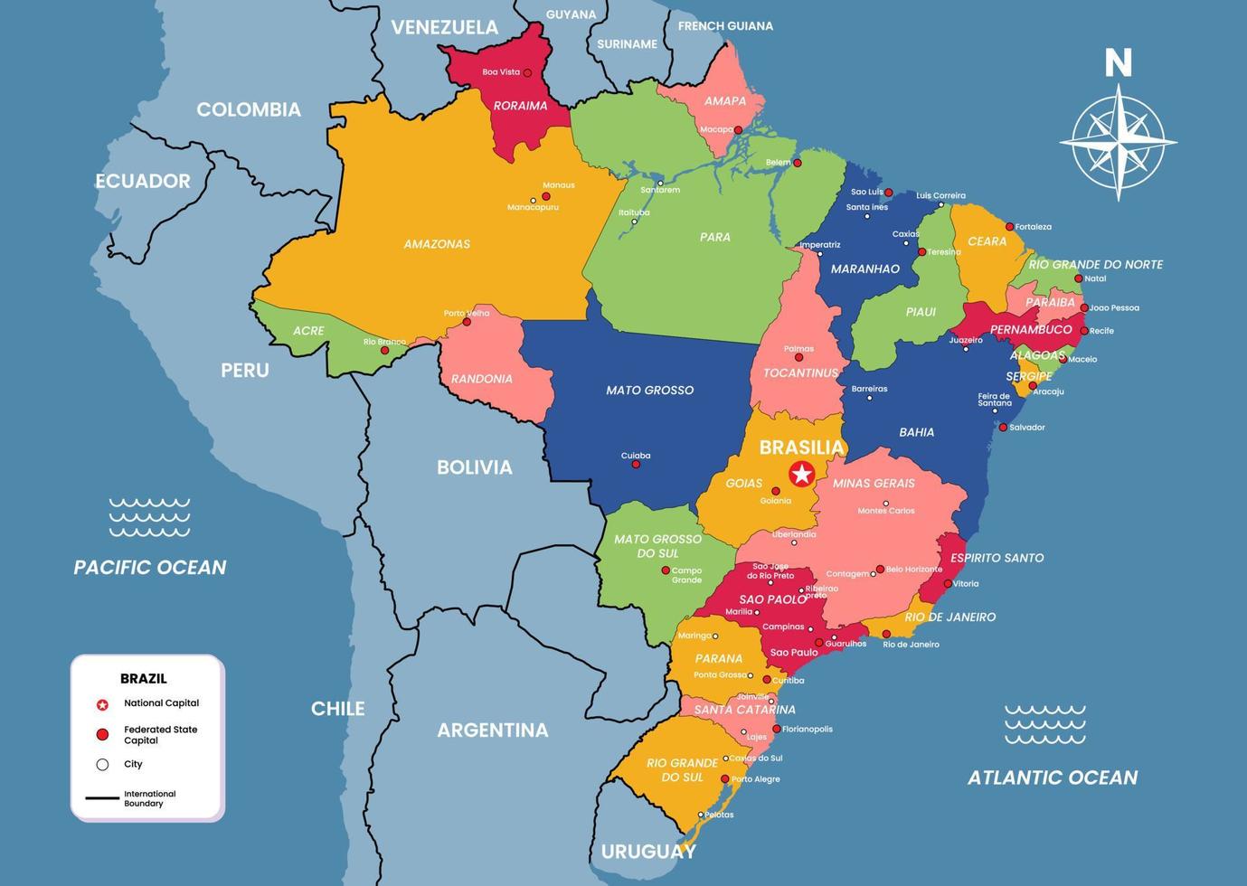 Brasilien Karta med stat huvudstad och stad namn vektor