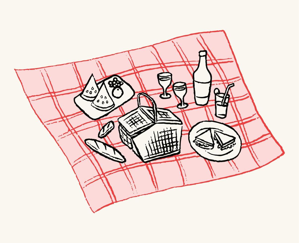 estetisk ritad för hand picknick scen illustration linje konst vektor