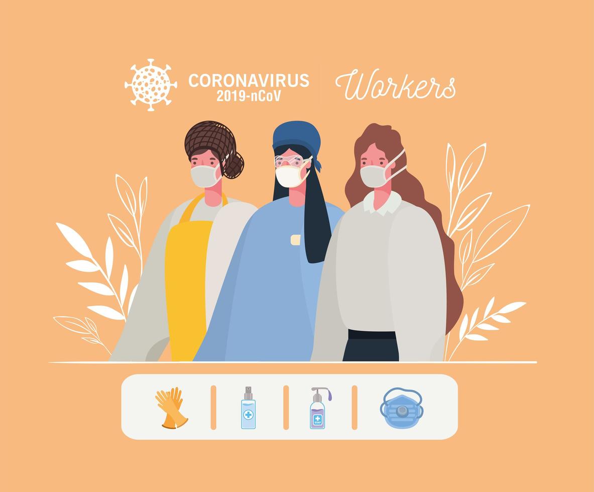 kvinnliga väsentliga arbetare med ansiktsmasker banner med ikoner vektor