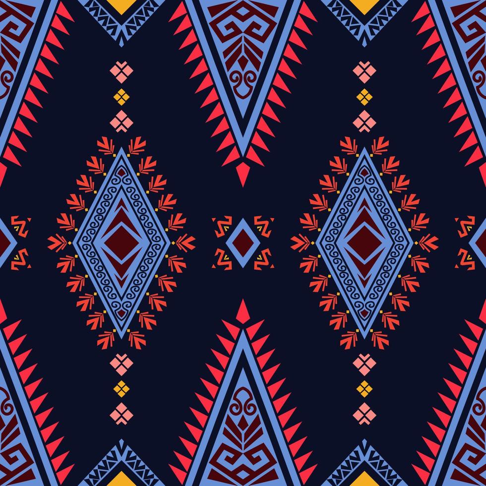 de geometrisk abstrakt tyg mönster i traditionell stam- stil. gammal stam- motiv i levande färger på mörk blå bakgrund. de mönster design för textilier, Kläder, omslag, och matta. vektor