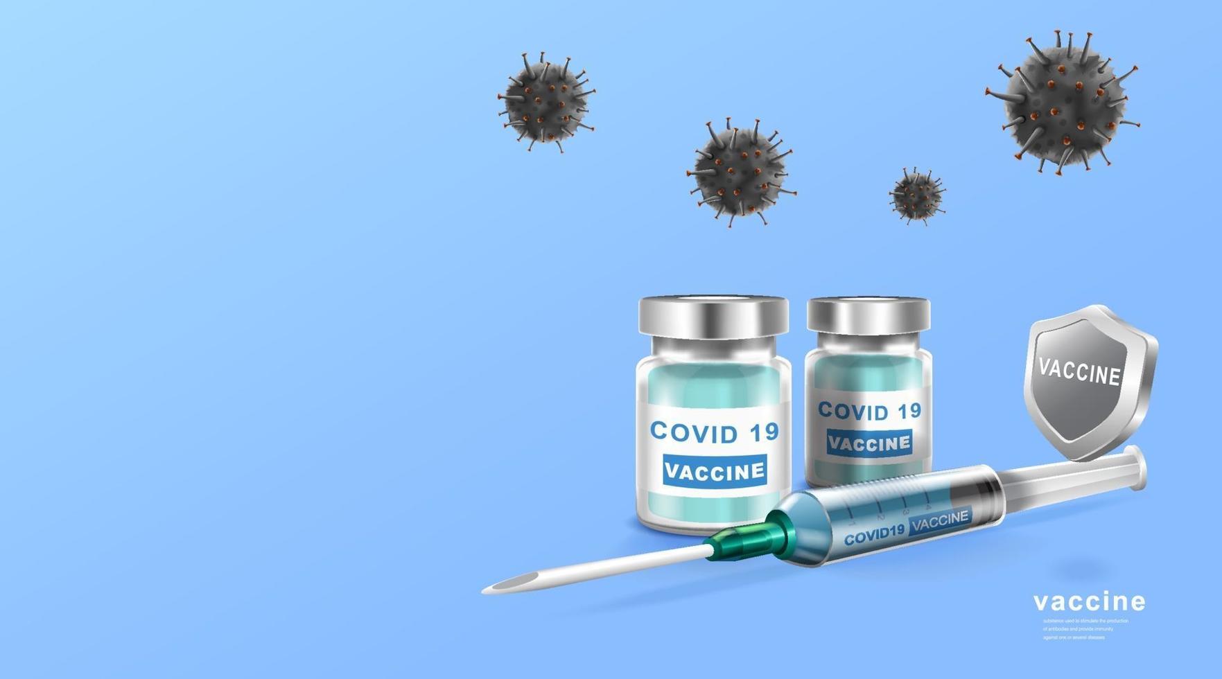 coronavirus vaccin. immuniseringsbehandling. vaccinflaska och sprutinjektionsverktyg för covid19. vektor illustration.