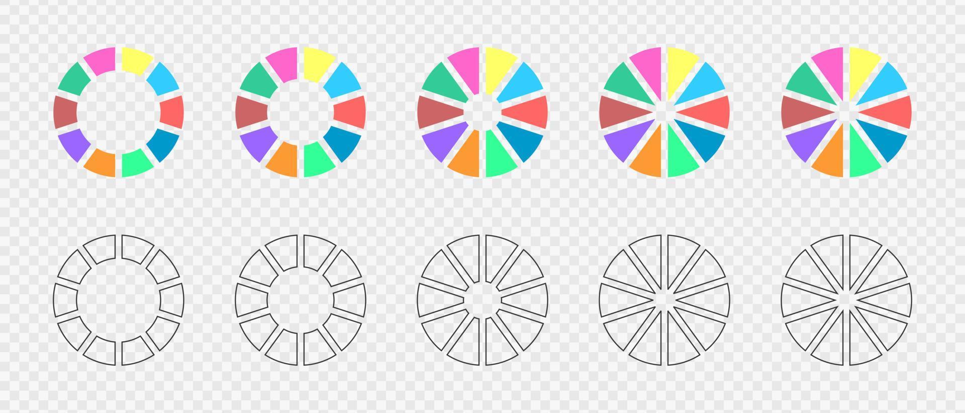 Krapfen Diagramme geteilt im 10 mehrfarbig und Grafik Abschnitte. Infografik Räder Satz. Kreis Diagramme oder Wird geladen Riegel. runden Formen Schnitt im zehn gleich Teile vektor