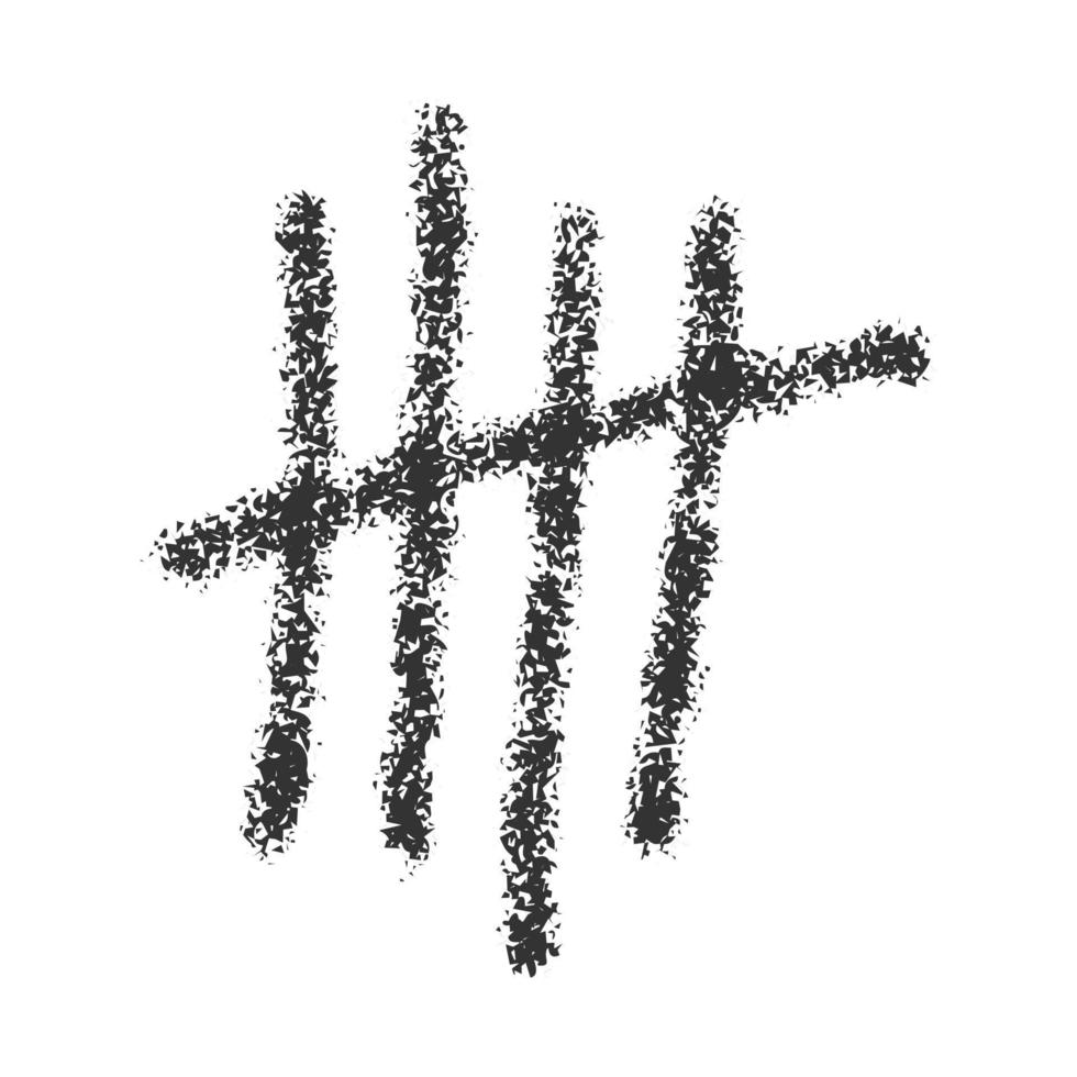 Holzkohle übereinstimmen markieren. schwarz Stöcke sortiert durch vier und gekreuzt aus durch Schrägstrich Linie. Tag Zählen Symbol auf Gefängnis Mauer. einstellig Ziffer System Zeichen symbolisiert Nummer 5 vektor