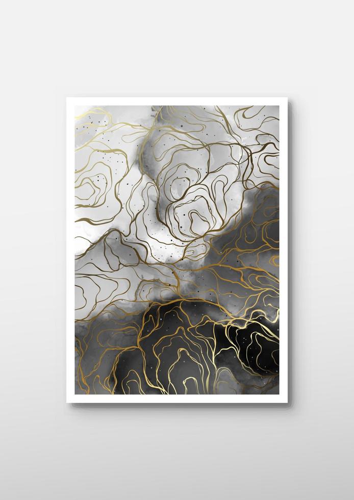 svart och vit alkohol bläck vattenfärg bakgrund med gyllene flytande. uppsättning av estetisk vattenfärg posters för vägg dekoration vektor