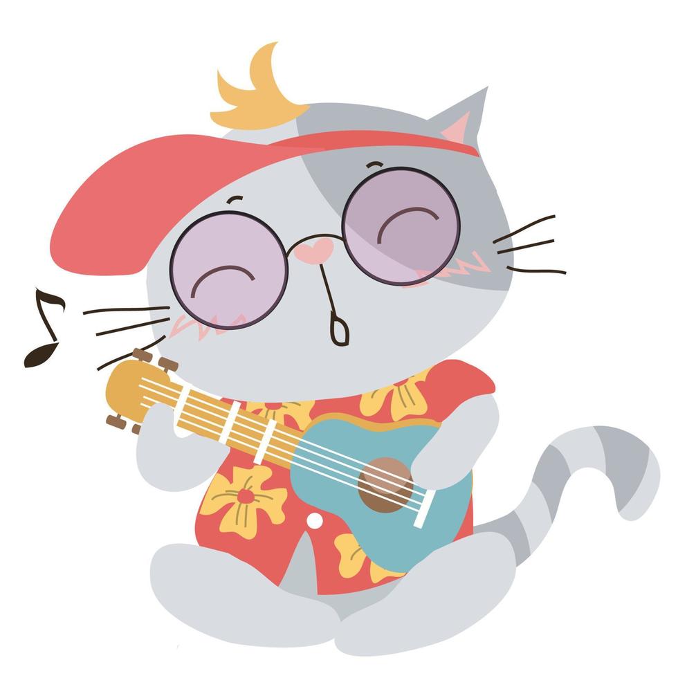 süß grau Katze spielen Gitarre und tragen Sommer- Hemd auf Weiß Hintergrund zum Kinder Mode Kunstwerke, Kinder Bücher, Geburtstag Einladungen, Gruß Karten, Plakate vektor