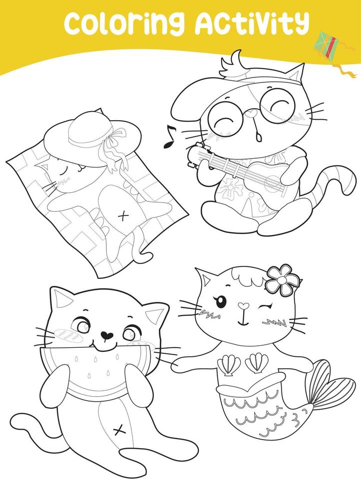 färg sida med sommar tema. söt söt katter med sommar aktiviteter. färg ark för barn. vektor fil.