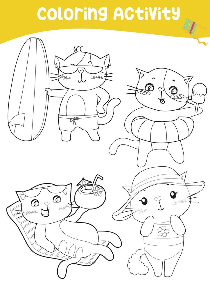 Färbung Seite mit Sommer- Thema. süß kawaii Katzen mit Sommer- Aktivitäten. Färbung Blatt zum Kinder. Vektor Datei.