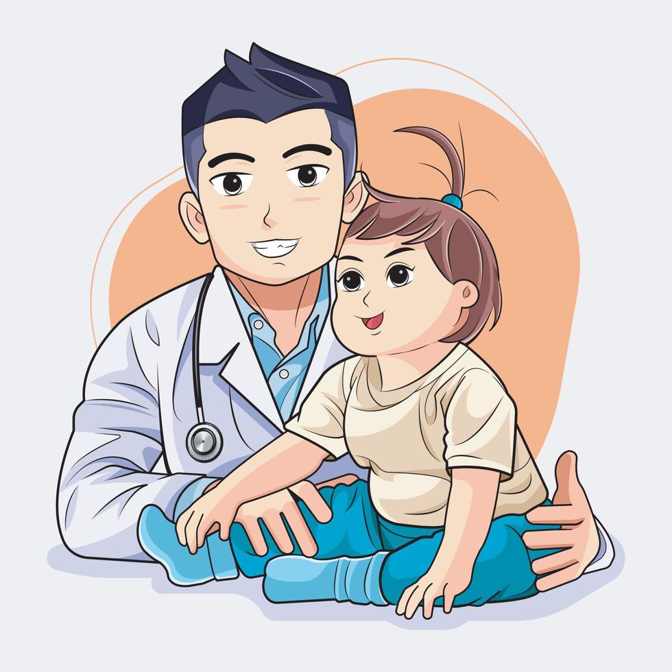 Arzt und Baby. glücklich Arzt tun Baby medizinisch Untersuchung Vektor Illustration Profi herunterladen