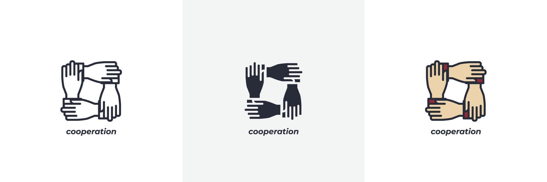 Zusammenarbeit Symbol. Linie, solide und gefüllt Gliederung bunt Ausführung, Gliederung und gefüllt Vektor unterzeichnen. Idee Symbol, Logo Illustration. Vektor Grafik
