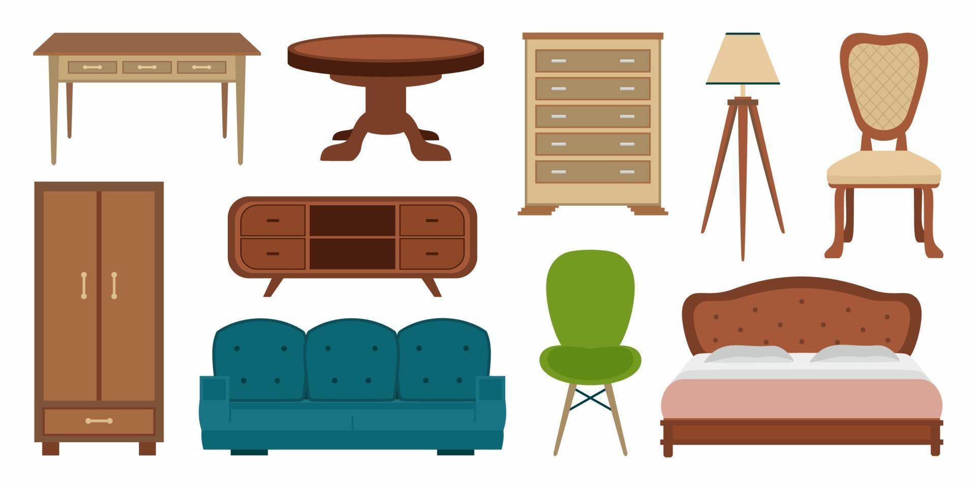 snygga vintage comfy möbler och moderna heminredningar bunt i trendig tecknad stil. samlingar av inredningsdesign platt vektorelement isolerad på en vit bakgrund. vektor illustration