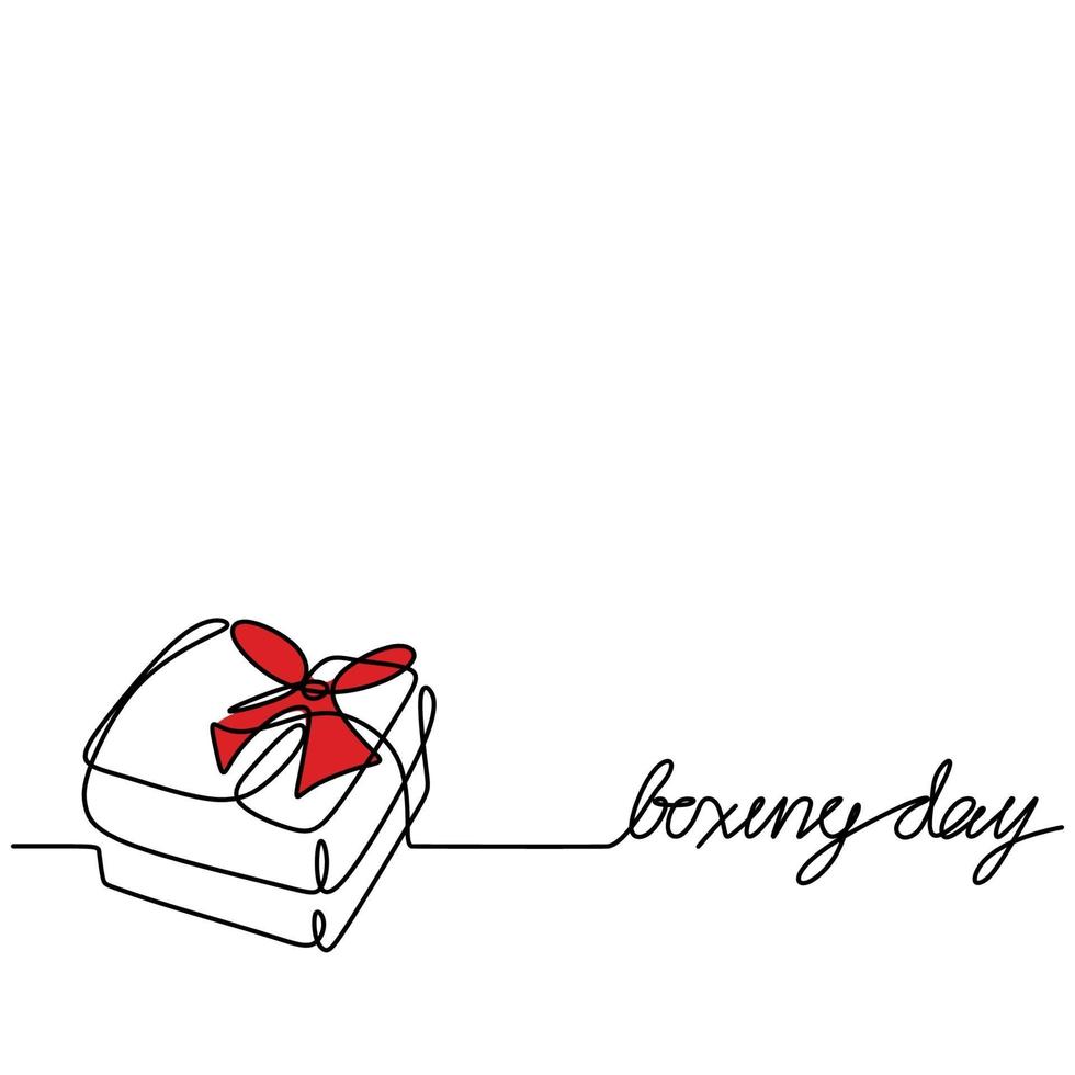 Boxing Day Sale Karte. durchgehende Linie Geschenkbox mit rotem Band und Text glücklich Boxing Tag lokalisiert auf weißem Hintergrund. Einkaufsrabatt Gutschein handgezeichneten Minimalismus Stil. Vektorillustration vektor