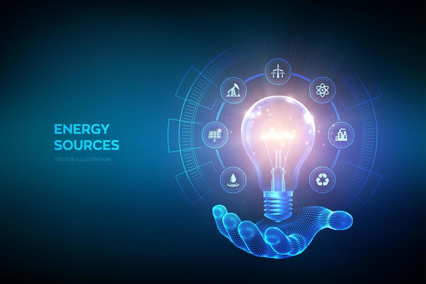 leuchtende Glühbirne mit Energieressourcen-Symbolen in der Hand. Strom- und Energiesparkonzept. Energiequellen. Kampagnen für eine umweltfreundliche und nachhaltige Umwelt. Vektorillustration. vektor