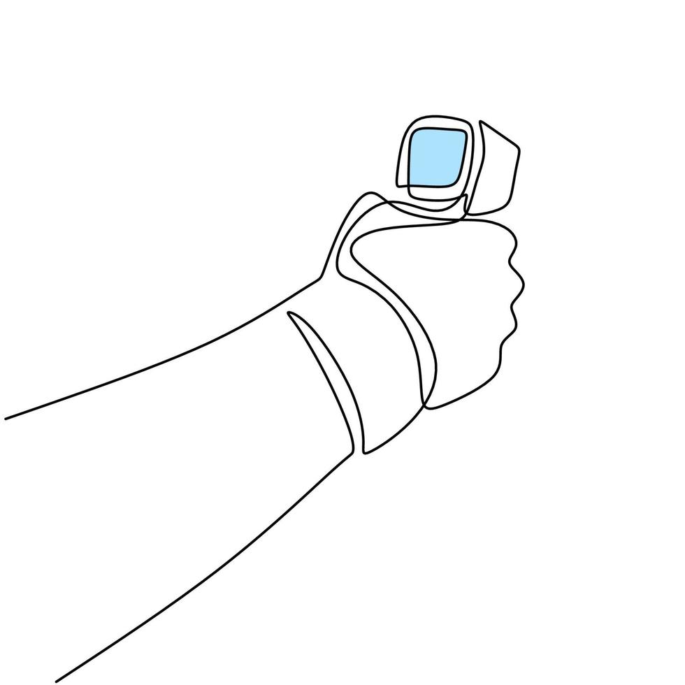 en linje ritning av handens medicinska personal kontrollera kroppstemperaturen isolerad på vit bakgrund. besökare måste genomgå feberåtgärder med hjälp av infraröd digital. vektor illustration covid-19 symbol.