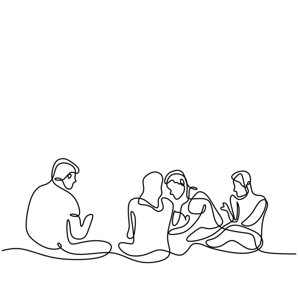 grupp glada unga vänner kontinuerlig en linje ritning. glad tonåring man och kvinna sitter medan du pratar och skrattar tillsammans. vänskapskoncept. vektor design illustration