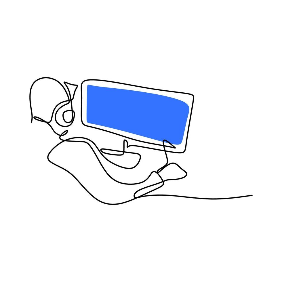 ein junger Mann mit Headset, der Monitorcomputer betrachtet. Kontinuierliche einzeilige Zeichnung eines Spielers, der Spiele mit Computermonitor, Kopfhörer, Maus und Tastatur spielt. Sparringspiel Online-Konzept vektor