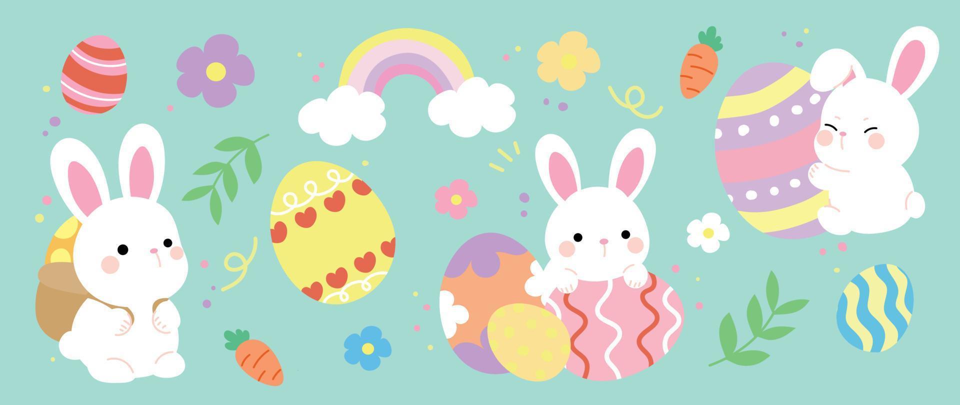 glücklich Ostern Comic Element Vektor Satz. süß Hand gezeichnet flauschige Kaninchen, Ostern Ei, Frühling Blumen, Blatt Zweig, Regenbogen. Sammlung von Gekritzel Hase und bezaubernd Design zum dekorativ, Karte, Kinder.