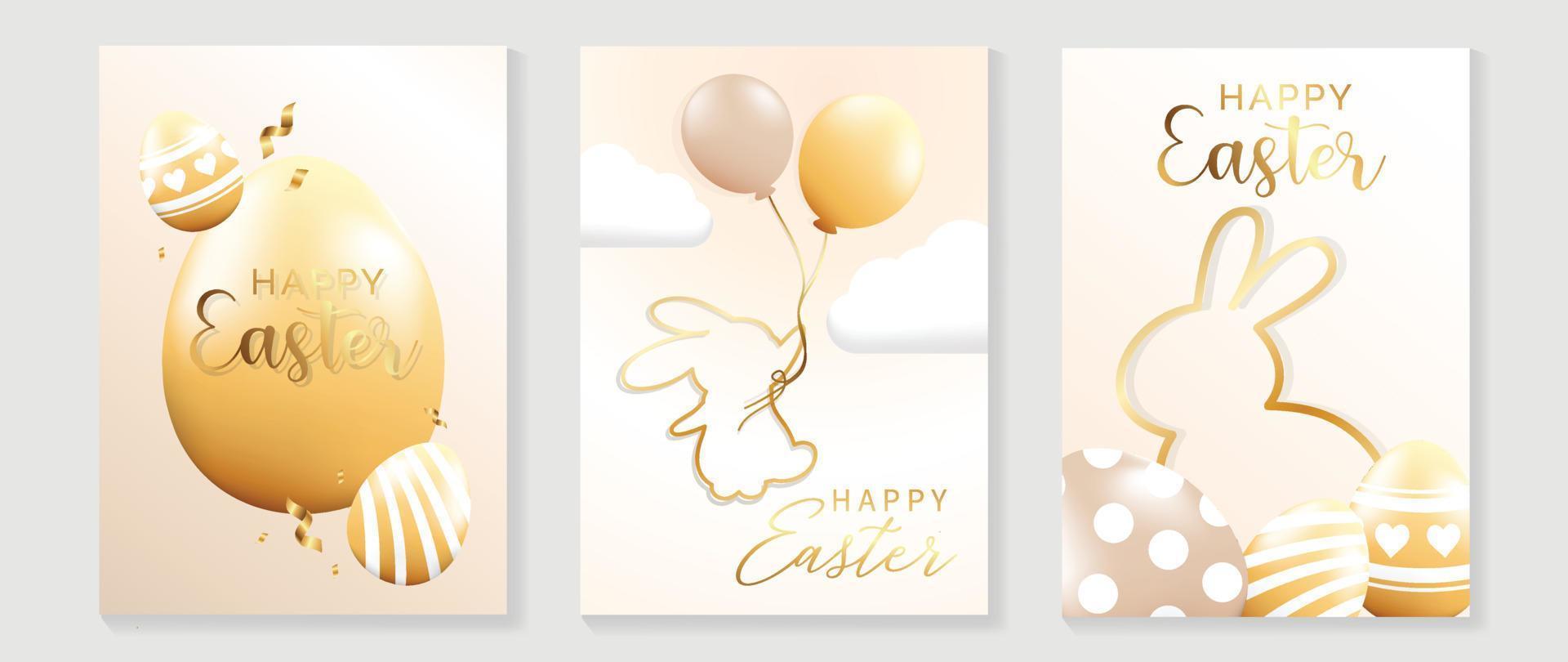 glücklich Ostern Luxus Element Startseite Vektor Satz. elegant golden 3d Ostern Ei schmücken mit glänzend Gold Band, Ballon, Hase gestalten Linie. bezaubernd glamourös Design zum dekorativ, Karte, Kinder, Poster.