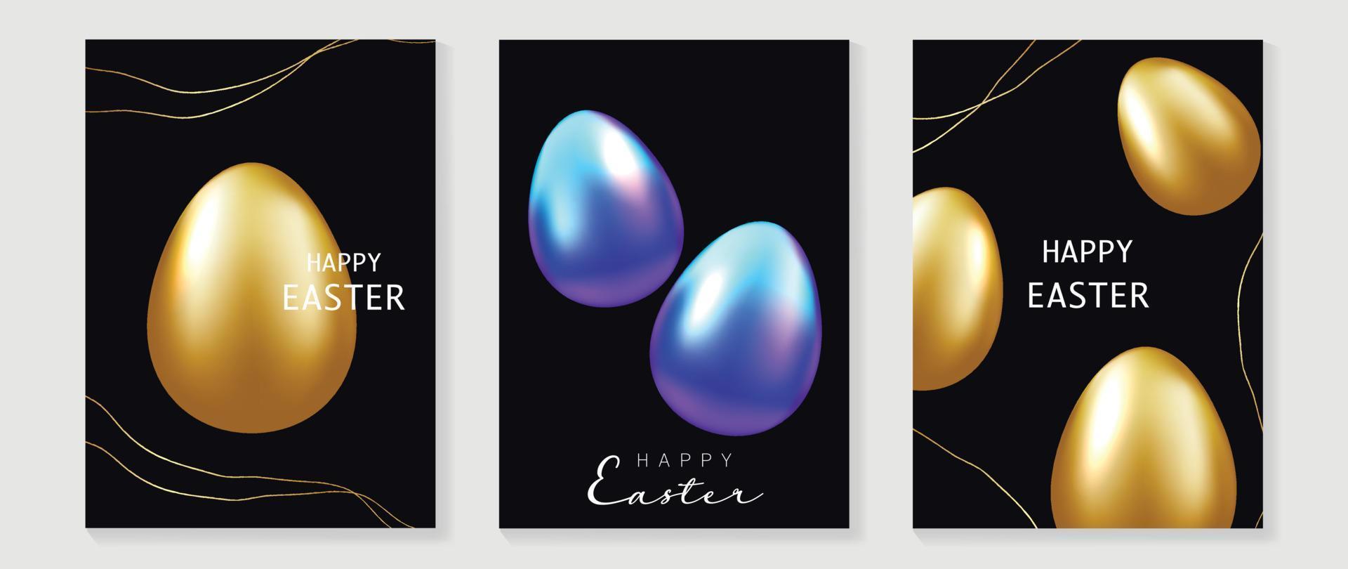 glücklich Ostern Luxus Element Startseite Vektor Satz. elegant 3d glänzend Gold und violett Ostern Eier mit Kurve Gold Linie Kunst auf schwarz Hintergrund. bezaubernd glamourös Design zum dekorativ, Karte, Kinder, Poster.