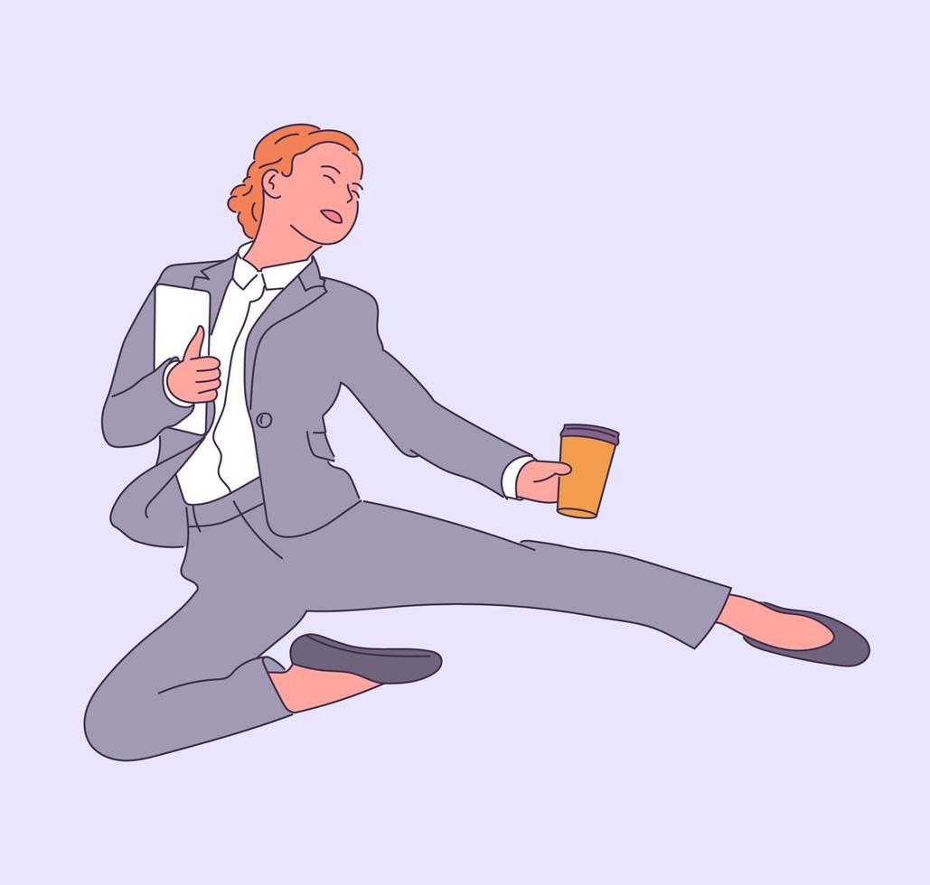 glückliche erfolgreiche Geschäftsfrau, die mit Kaffee springt, viel Spaß beim Arbeiten. flache Vektorillustration. vektor