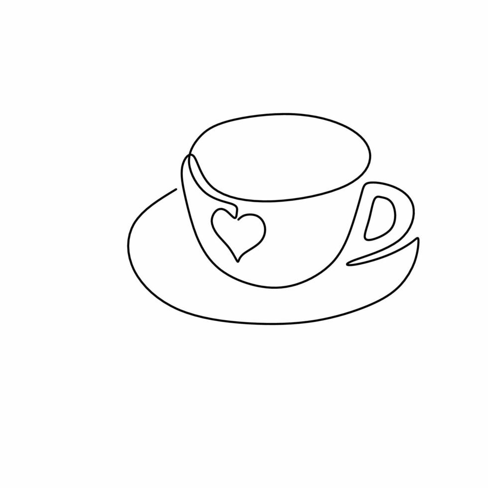 kontinuerlig en linje ritning av kaffe, varmt. en kopp kaffe med kärlekstecken isolerad på vit bakgrund. kaffekopp butik koncept. kaffe missbrukare. minimalism design. vektor illustration