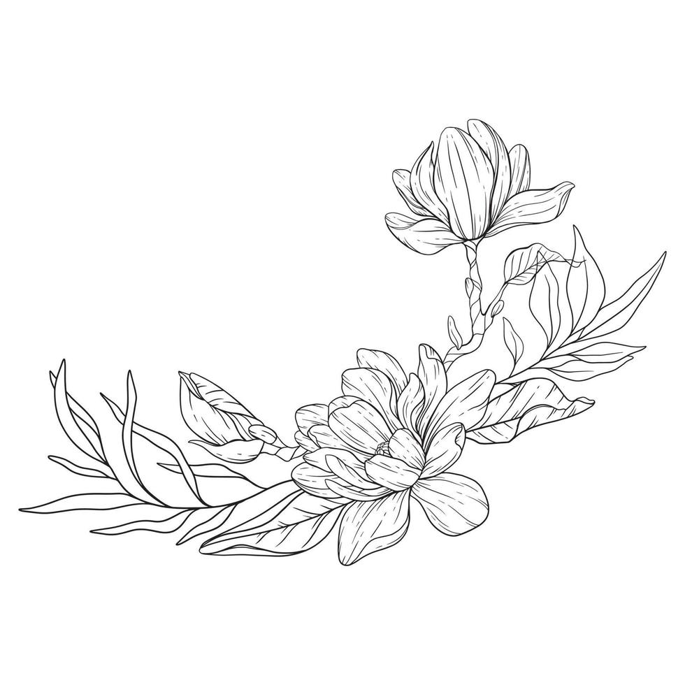 Blumen- Linie Kunst. Magnolie Blume Gliederung zum Blumen- Färbung Seiten, minimalistisch modern Hochzeit Einladungen vektor