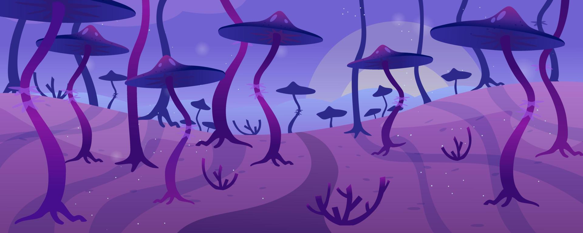 overkligt landskap med lysande magi svamp. gaming fantasi bakgrund. vektor