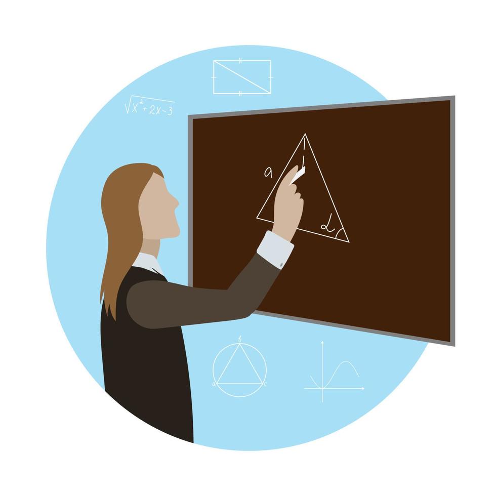 Mathematik Lehrer in der Nähe von das Tafel. ein Beispiel von Geometrie gelöst durch das Student. vektor