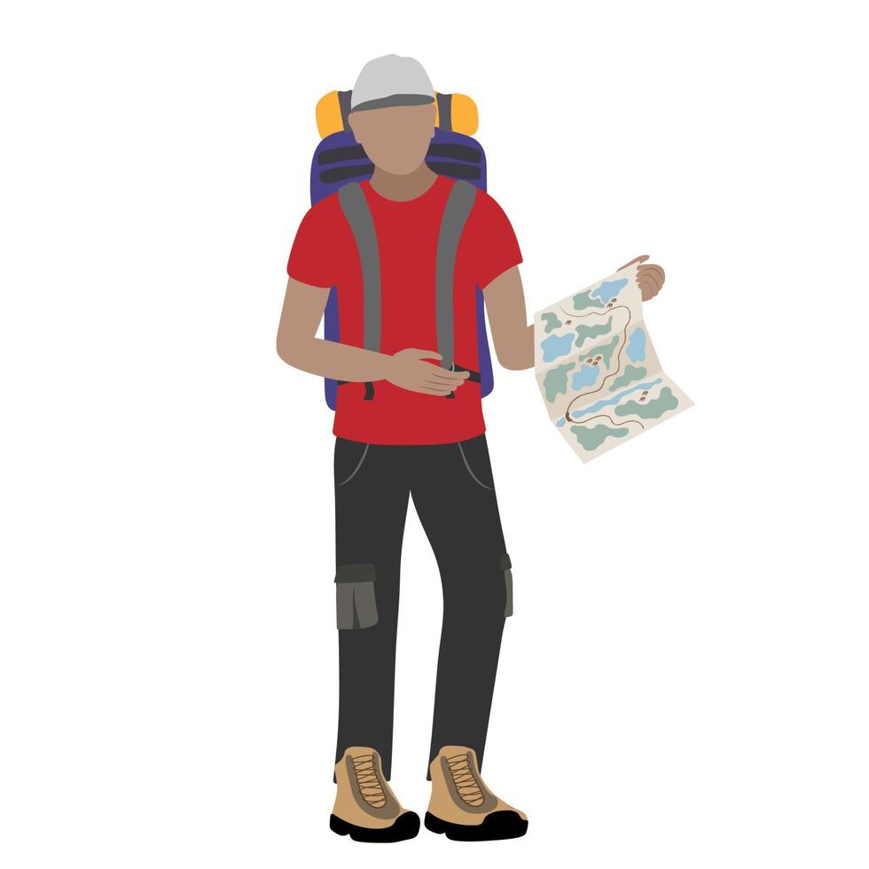 Tourist Mann mit ein Karte und ein groß Rucksack. aktiv Lebensstil Vektor Karikatur
