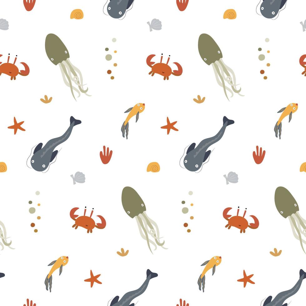 sömlös mönster med fisk, krabbor och bläckfiskar, alger, sjöstjärna och snäckskal på en vit. bakgrund, omslag papper vektor