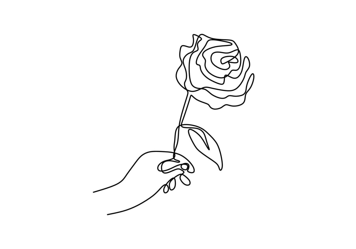 kontinuierliche Strichzeichnung einer Hand, die Rosenblume hält. Handfrau mit einer Blume lokalisiert auf weißem Hintergrund. gib jemandem ein Zeichen der Liebe. Minimalismus Stil. Vektorskizzenillustration vektor