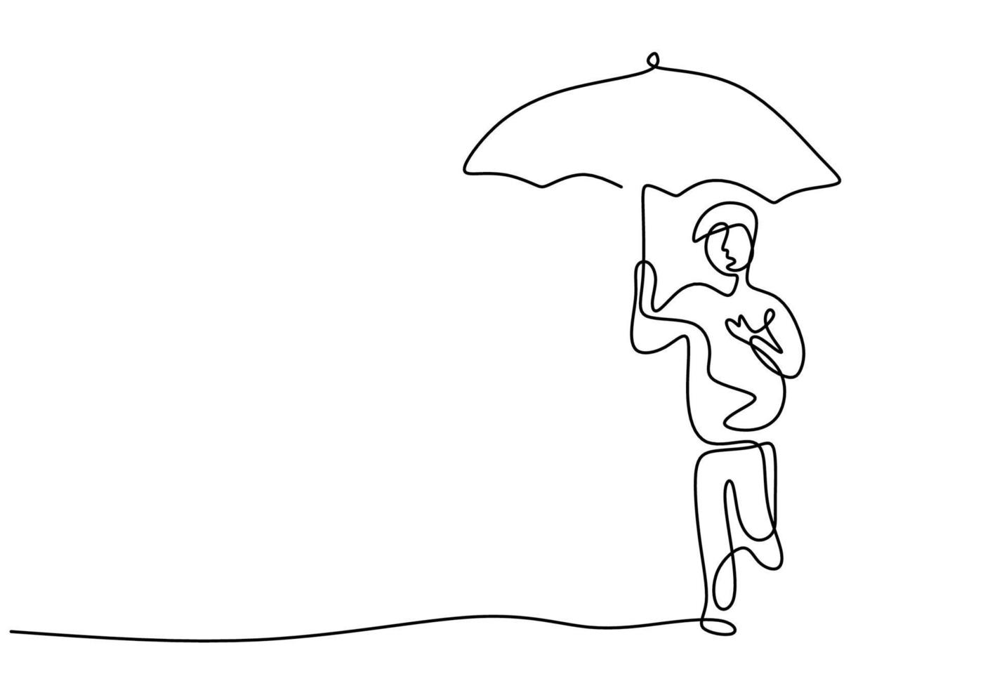 kontinuierliche einzelne gezeichnete eine Linie des kleinen Jungen mit Regenschirm. das Kind geht auf Straßenrand, der Regenschirm im Regen lokalisiert auf weißem Hintergrund hält. Hand gezeichnetes minimalistisches Konzept des Regenzeitthemas vektor