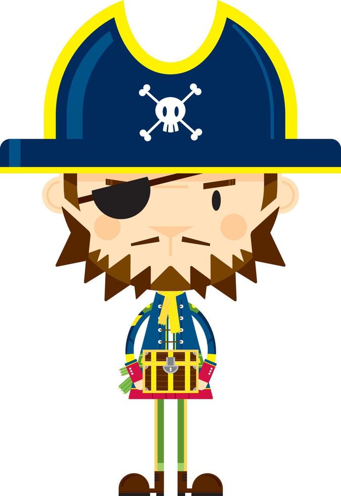 söt tecknad serie skrävlande pirat kapten med skatt bröst vektor