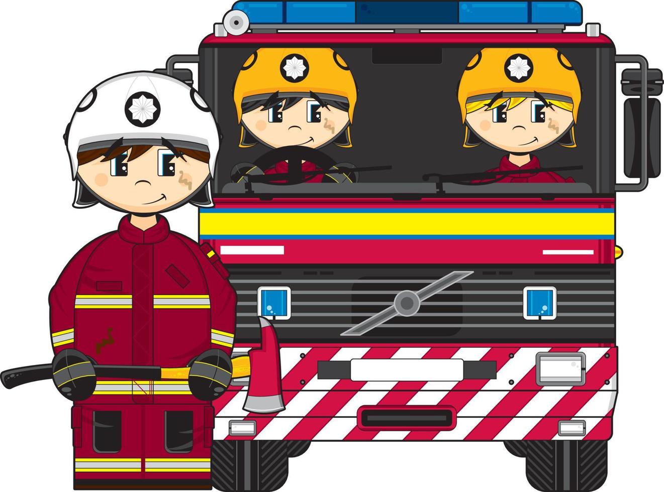 süß Karikatur Feuerwehrmänner und Feuer Motor vektor