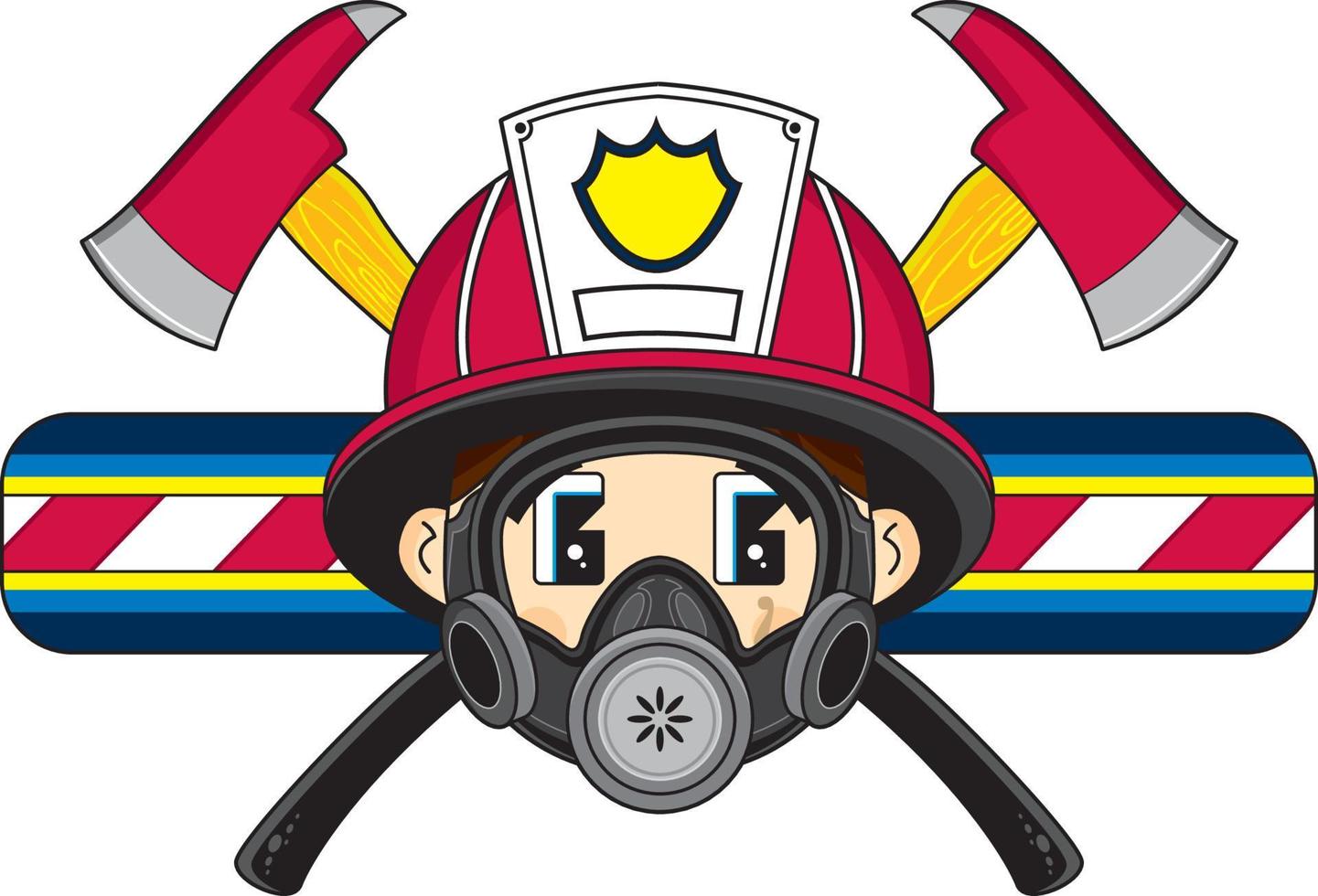 söt tecknad serie brandman karaktär i respirator mask vektor