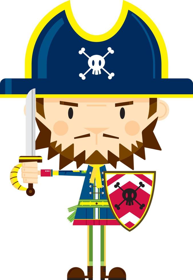 tecknad serie skrävlande pirat kapten med svärd och skydda vektor