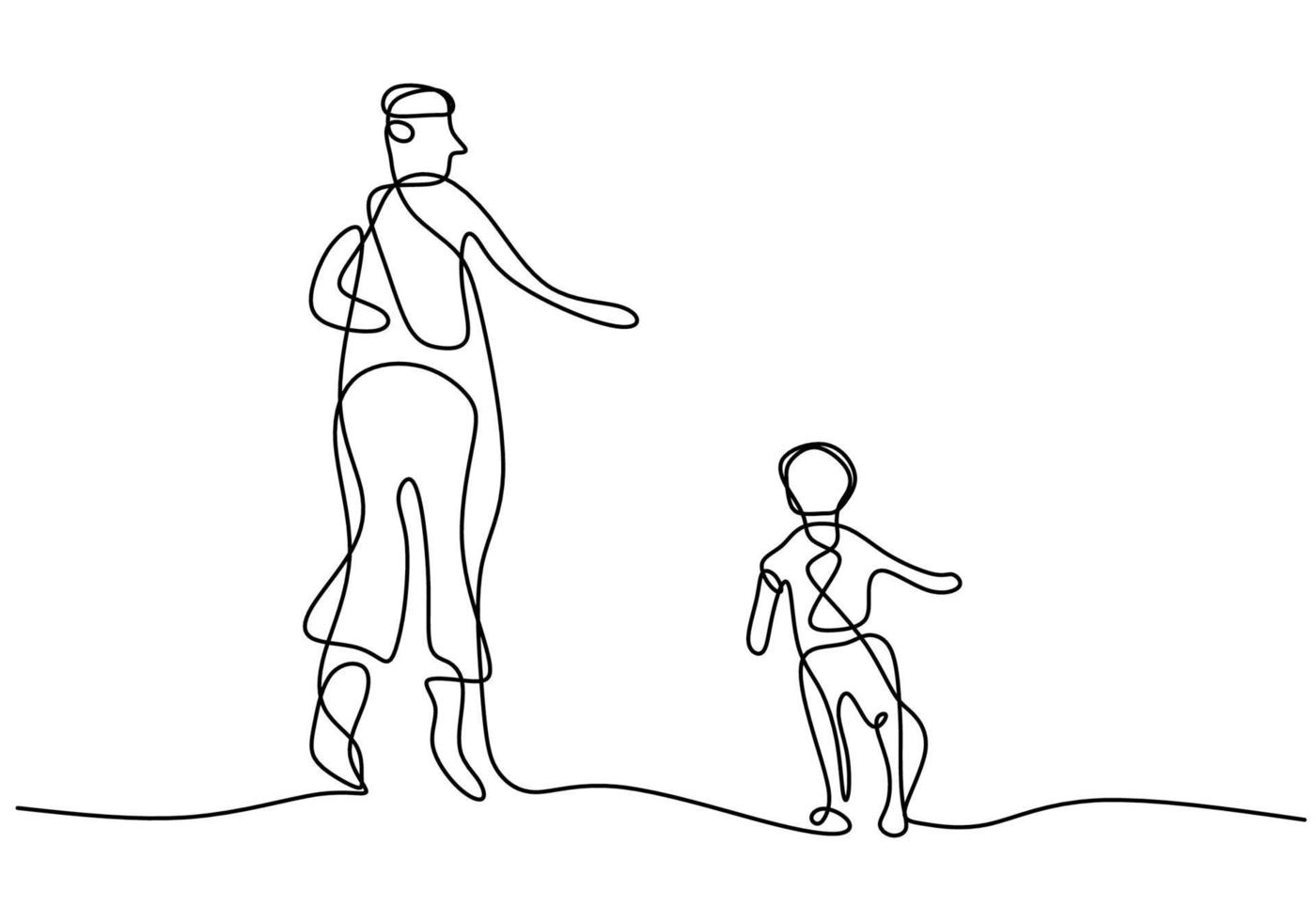einzelne fortlaufende Strichzeichnung des jungen Vaters, der mit seinem Sohn spielt. glücklicher Papa springend mit den Jungen lokalisiert auf weißem Hintergrund. glückliches Familienelternkonzept. minimalistischer Stil vektor