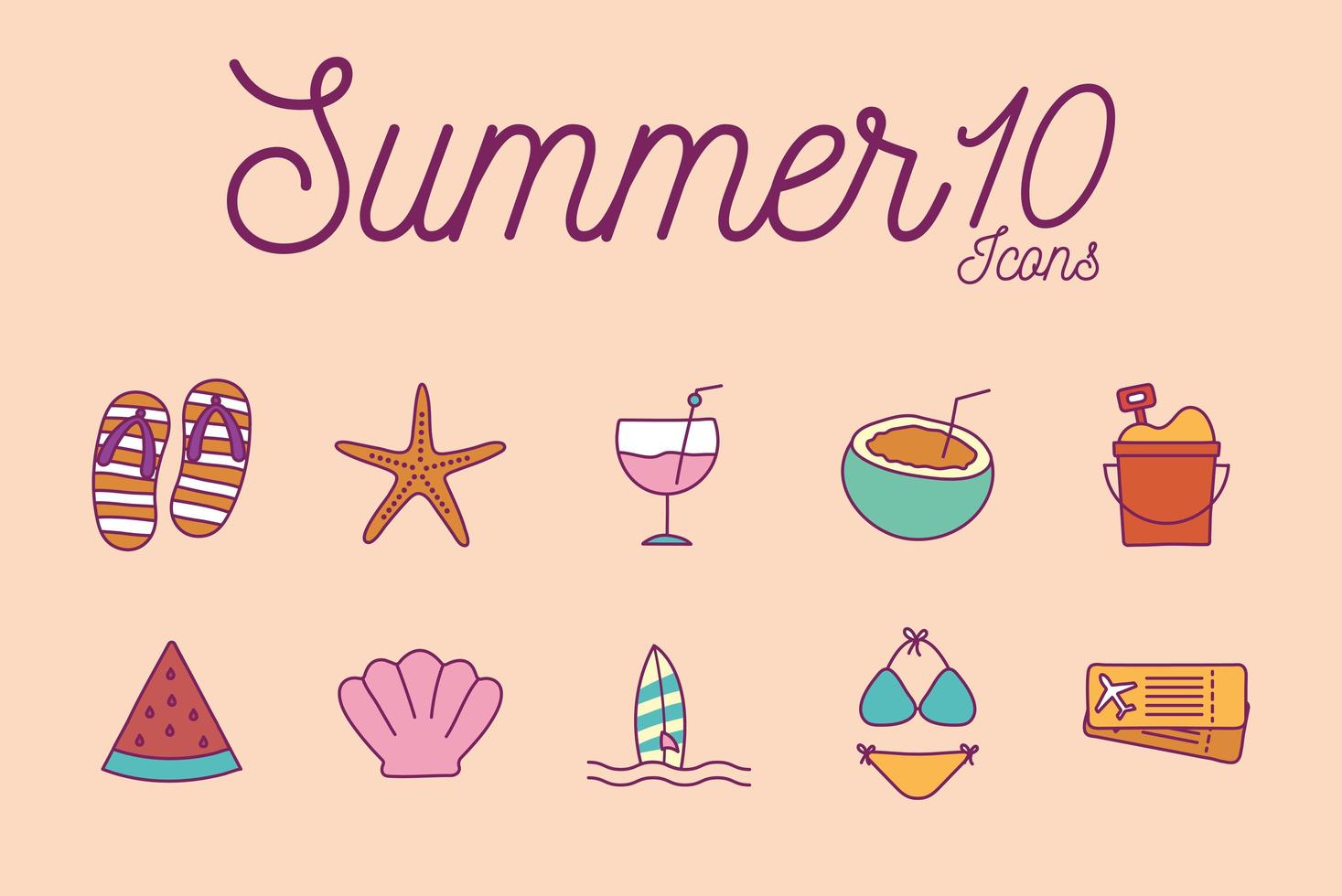 Sommer Linie und Füllstil Icon Set vektor