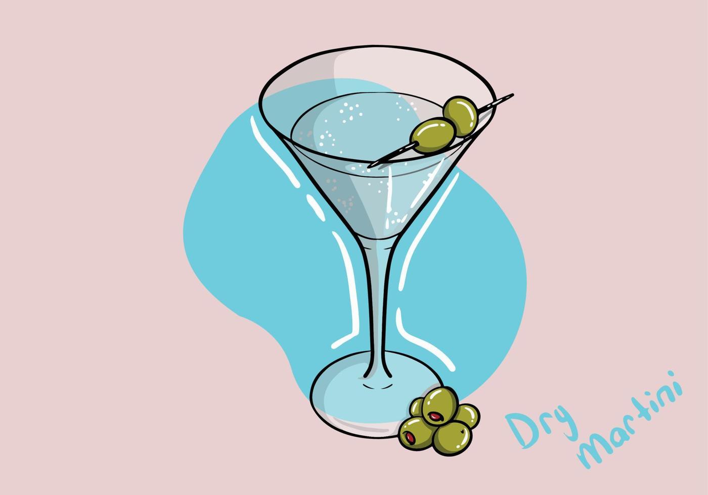 torr matrtini. Martini glas. cocktail. alkoholhaltig klassisk dryck. torr vermouth med grön oliv. hand dragen vektor illustration.