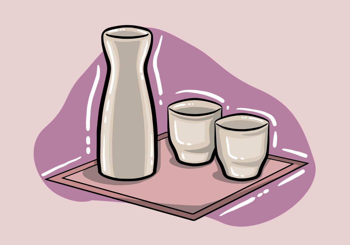 Sake Glas, Flasche und Japan. Vektor Hand gezeichnet Illustration von Flasche von Sake im Tinte Hand gezeichnet Stil.