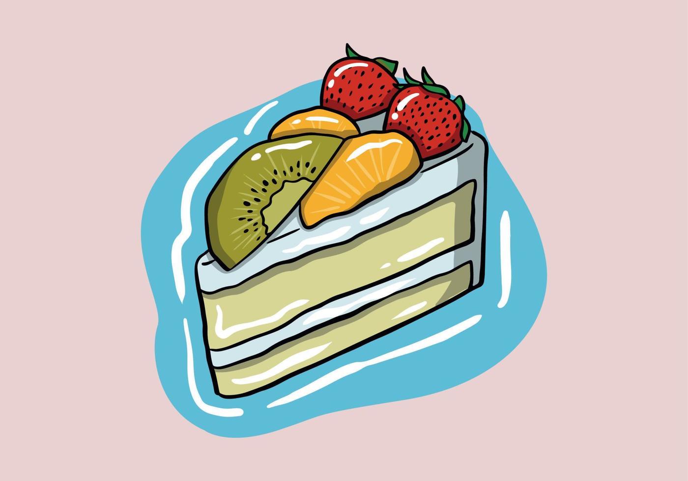 färgrik ljuv frukt kaka skiva. en bit av kaka för Lycklig födelsedag, bröllop, firande, hälsning, hjärtans dag inbjudan kort. söt frukt grädde kaka. vektor illustration i platt stil.