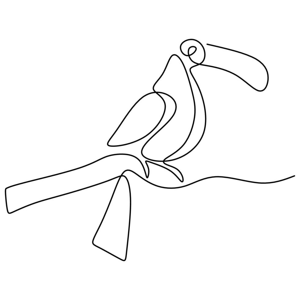 eine durchgehende Strichzeichnung des niedlichen Tukanvogels. ein schöner exotischer Vogel mit einem Gipfel lokalisiert auf weißem Hintergrund. gefährdetes Tiermaskottchenkonzept für nationale Naturschutzparkikone. vektor