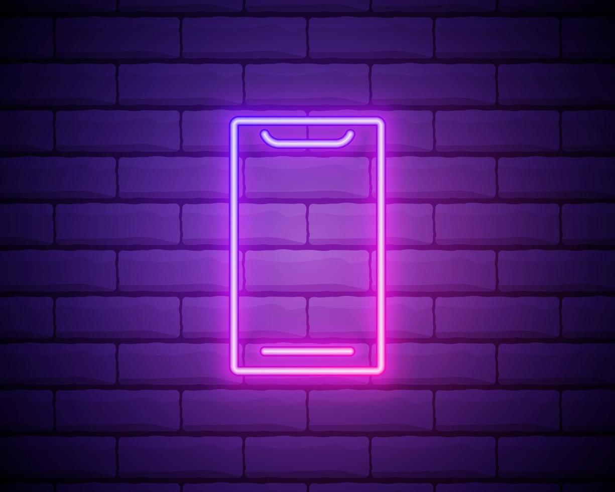 mobiltelefon, smartphone neonskylt. ljus glödande symbol på tegelvägg bakgrund. neon stil ikon. vektor