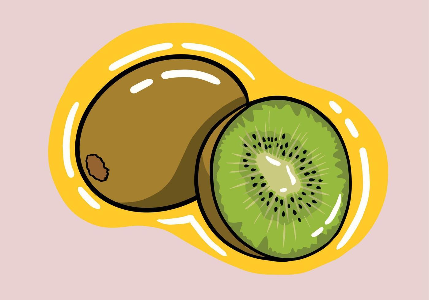 hand dragen hela saftig kiwi och halv grön kiwi, kiwi skära. isolerat på bakgrund vektor